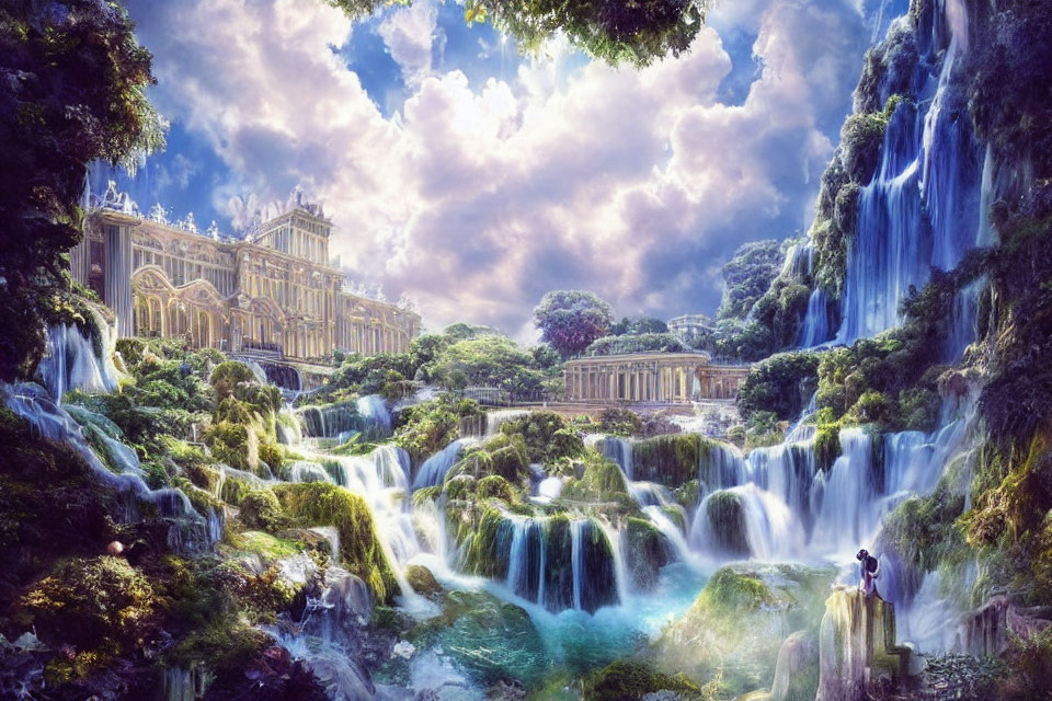 Opulent palace in fantasy landscape with cascading waterfalls