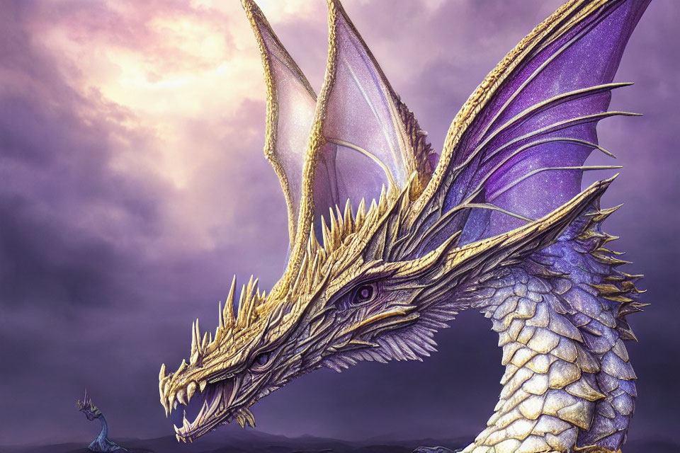 Detailed Illustration: Majestic Purple Dragon in Stormy Sky