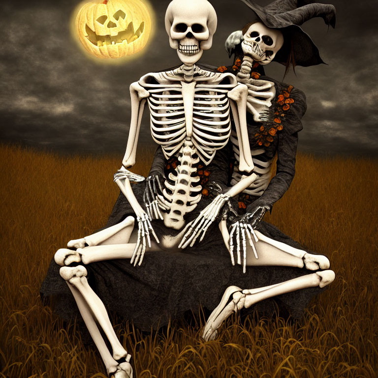 Skeletons in field under full moon with witch hat & jack-o'-lantern.