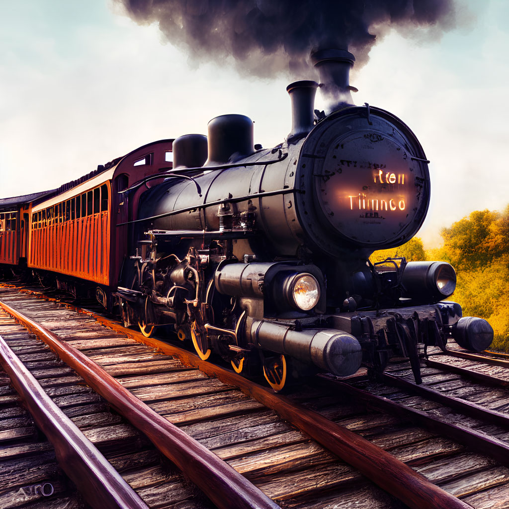 Classic steam locomotive chugging through autumnal landscape on railway tracks