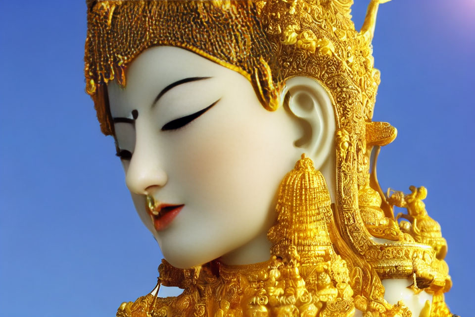 Serene Asian-style female figure statue under clear blue sky