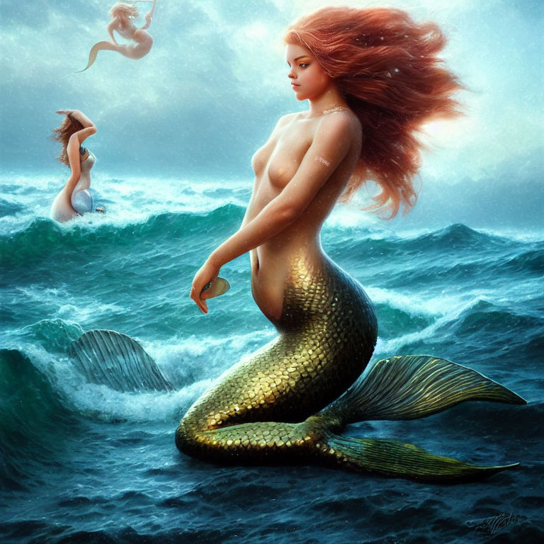 Digital artwork: Mermaid with red hair on rock in ocean waves, two mermaids swimming.