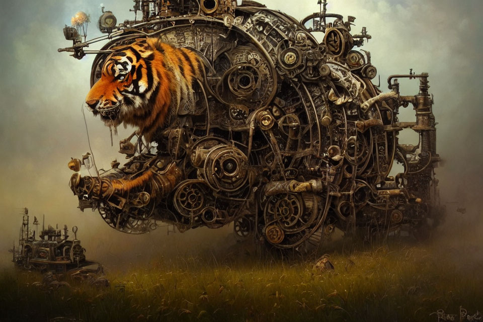 Intricate mechanical tiger in surreal steampunk landscape