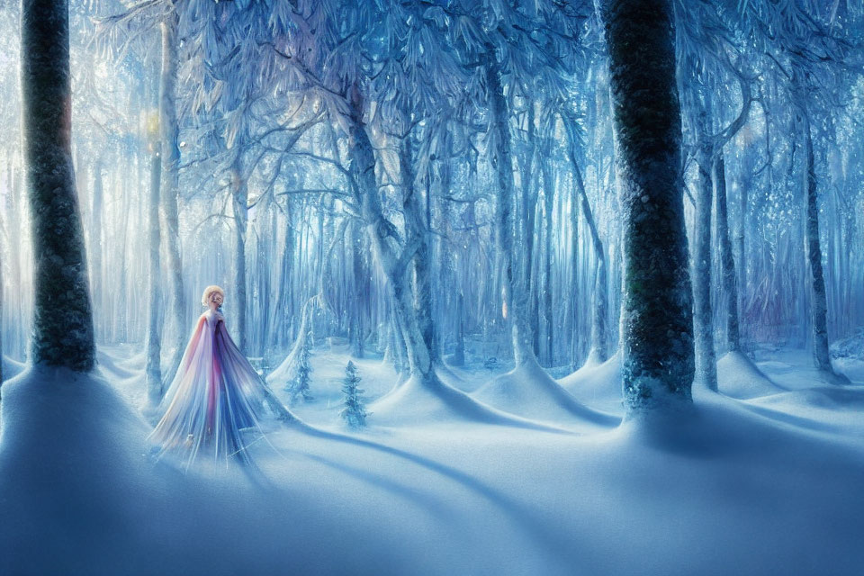 Woman in flowing gown in serene snow-covered forest with frosted trees and blue hues