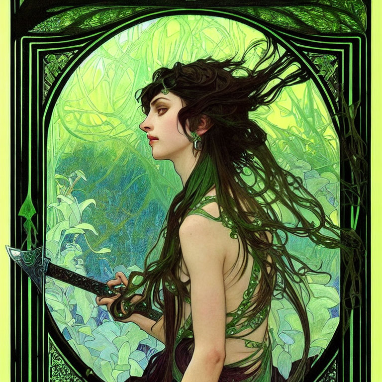 Fantasy portrait of woman with long flowing hair and leaves in vibrant green backdrop