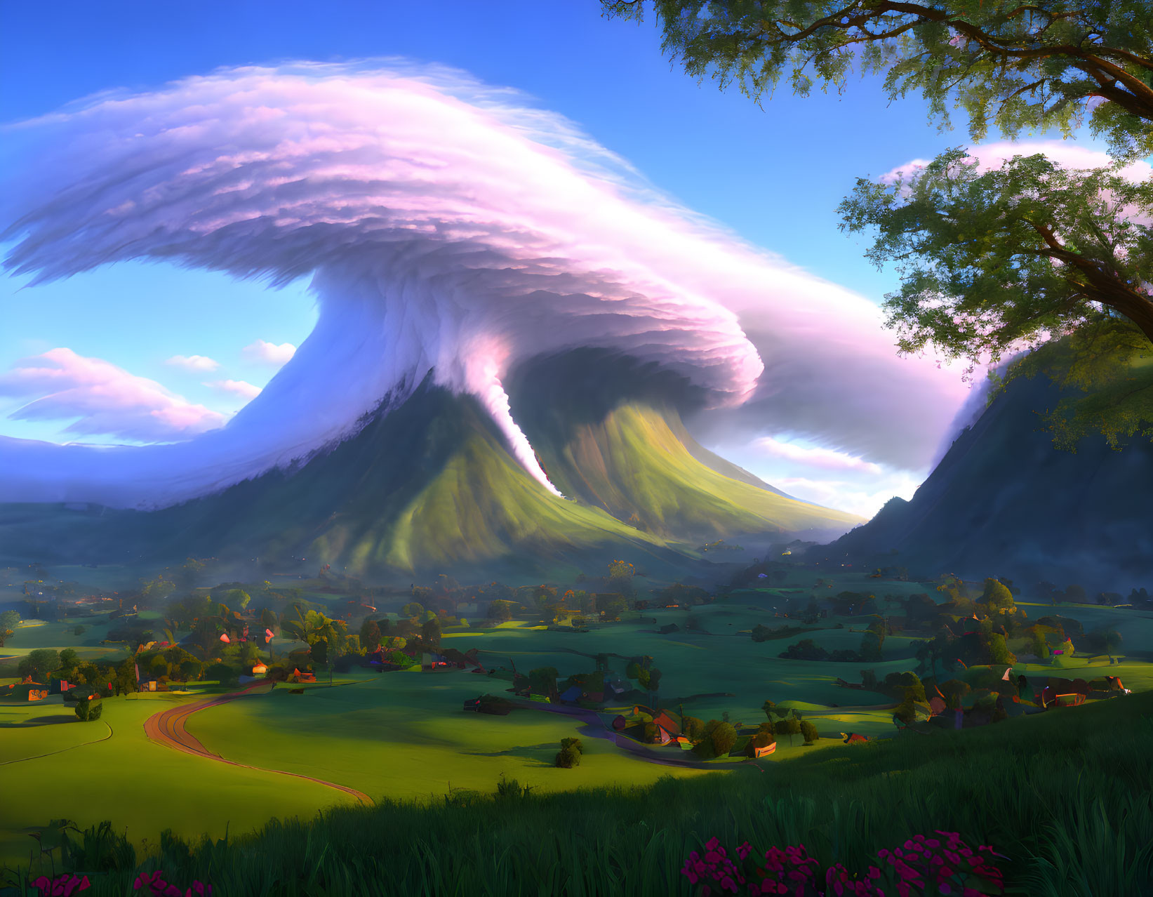 Fantasy landscape with village under towering wave-like cloud formation