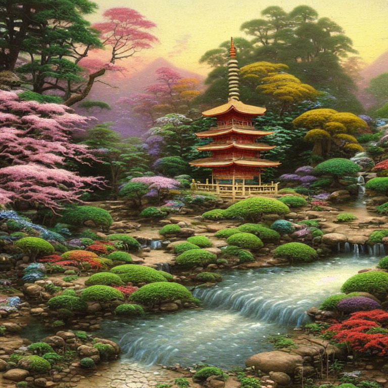 Traditional pagoda in colorful garden with cascading stream