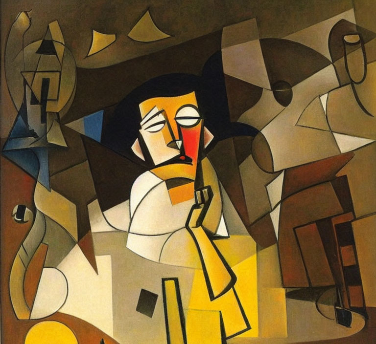 Cubist painting featuring distorted figure, geometric shapes, muted colors