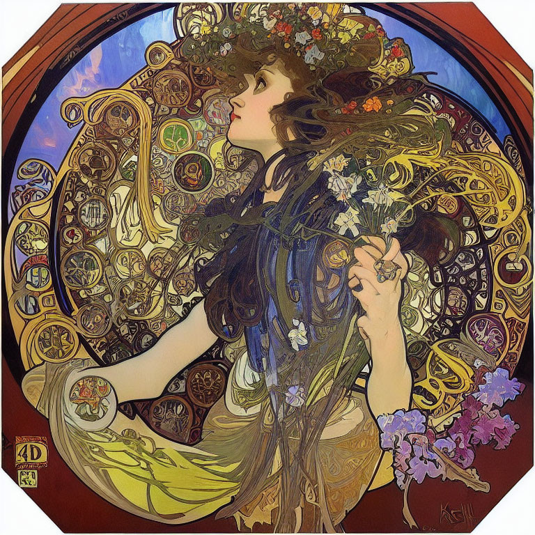Art Nouveau style illustration of woman with floral hair and bouquet