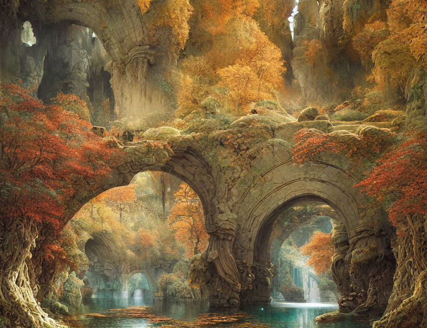 Scenic autumn forest with ancient stone bridge over serene river