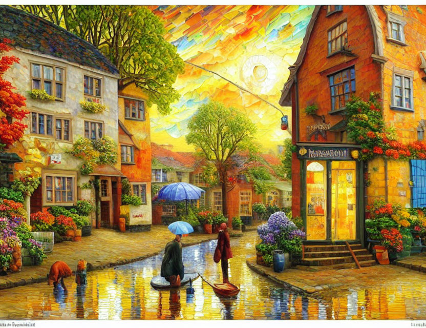 Colorful Street Scene with Flowers, Person with Umbrella, Child in Boat