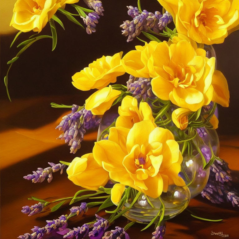 Colorful Still Life Painting: Yellow Tulips and Purple Lavender in Glass Vase