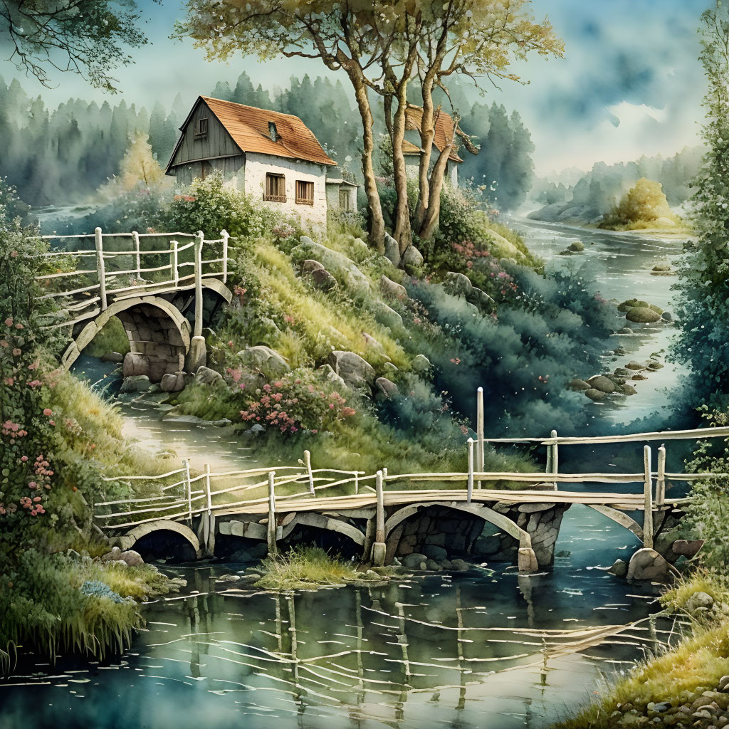 Tranquil landscape with house, stream, bridge, greenery, flowers, and misty forest