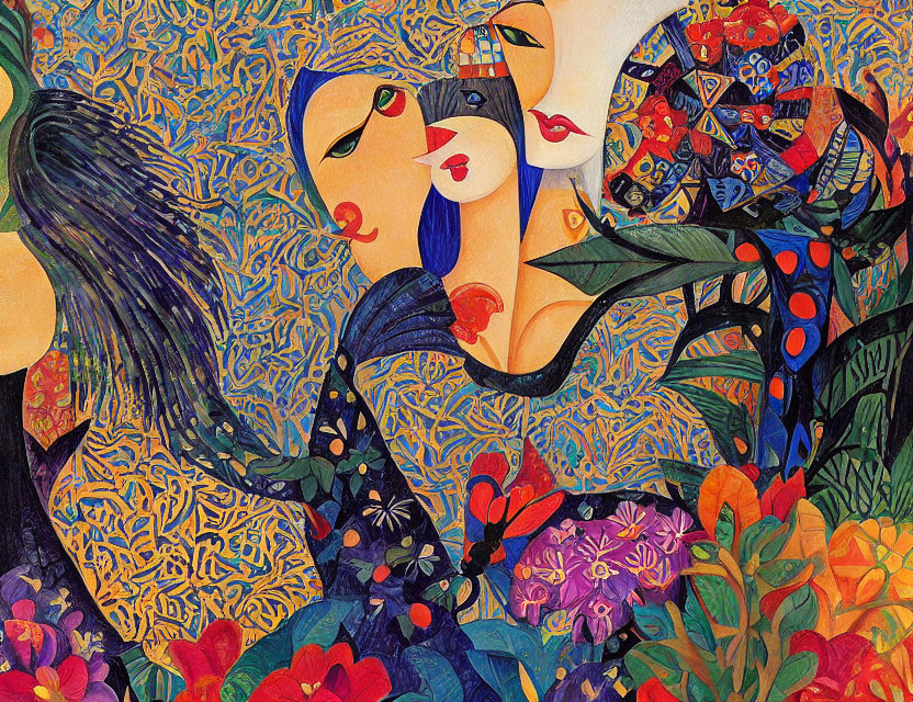 Colorful Abstract Painting with Stylized Female Figures and Floral Patterns