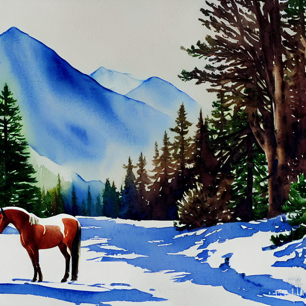 Lone brown horse in snowy landscape with evergreen trees & mountains