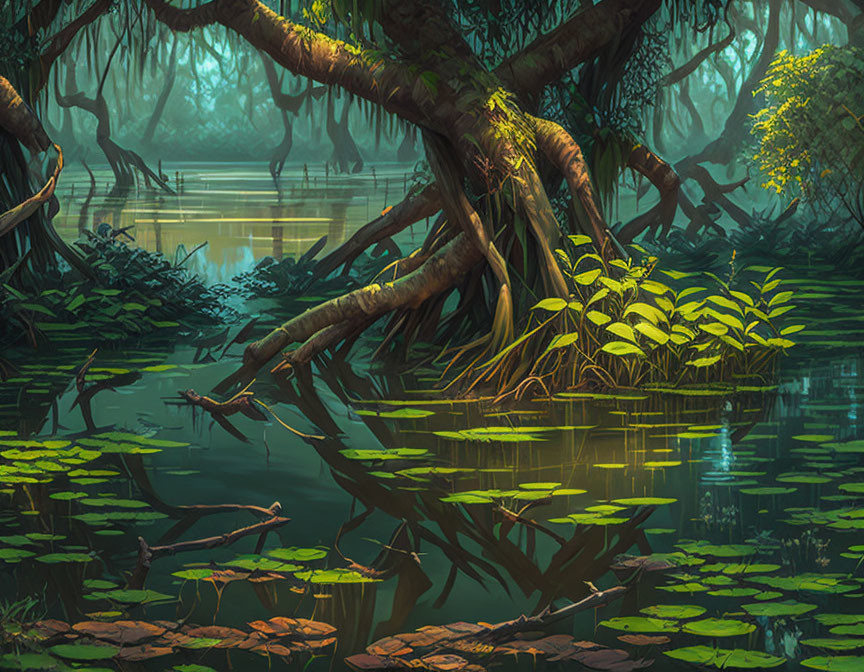 Tranquil swamp scene with twisting trees and lily pads