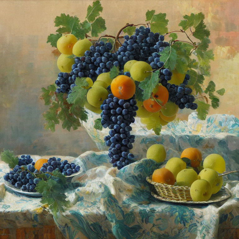 Realistic still life painting of ripe grapes, apples, and apricots on draped cloth