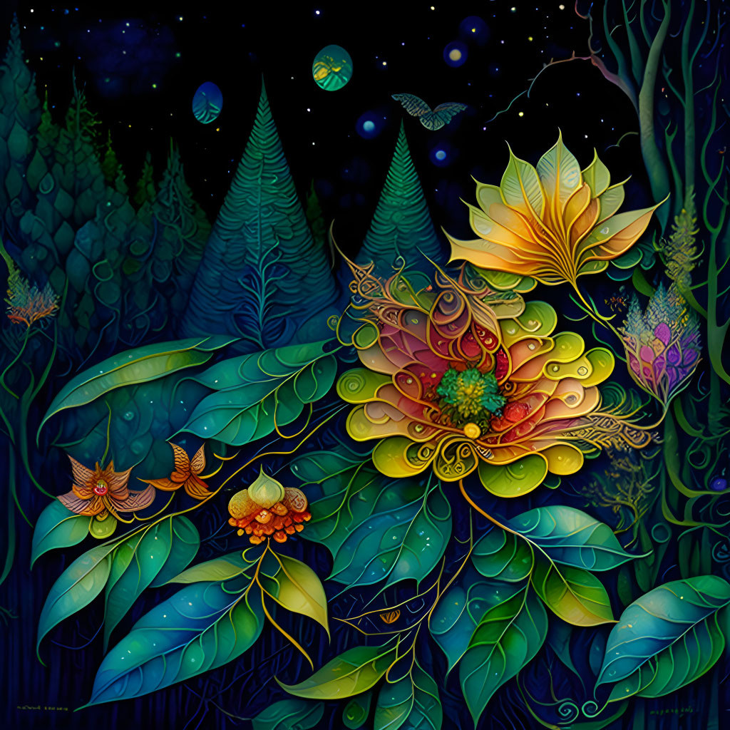 Colorful Nocturnal Fantasy Forest with Exotic Plants under Starry Sky