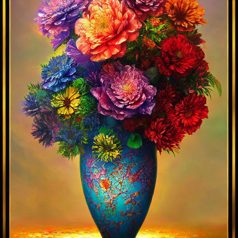 Colorful Flower Bouquet in Blue Vase on Gradient Background in Gold Frame