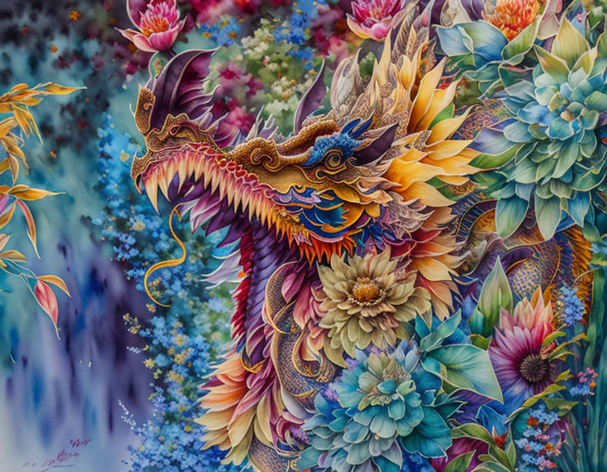 Colorful Dragon Artwork Surrounded by Blooming Flowers