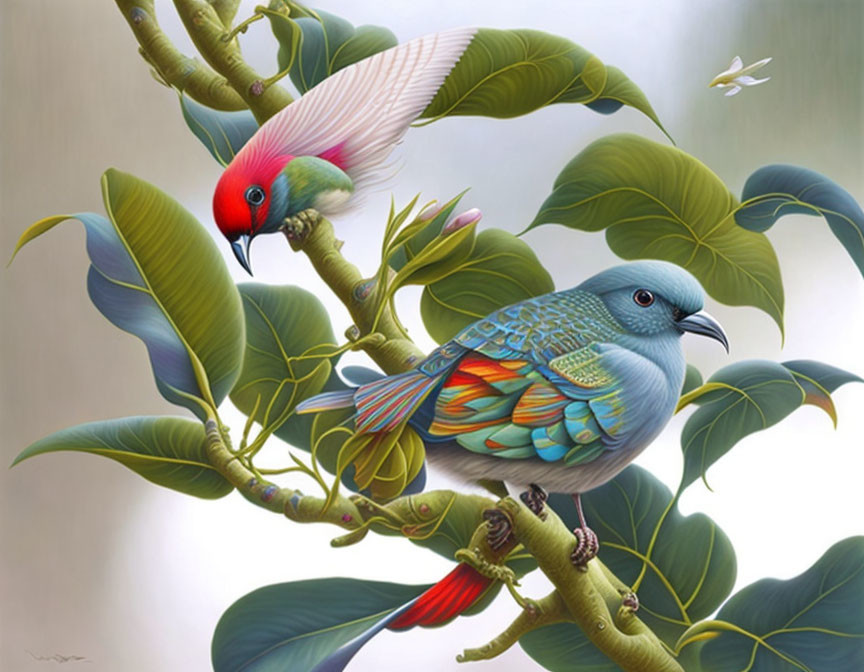Vibrantly colored stylized birds on lush branches with butterfly.
