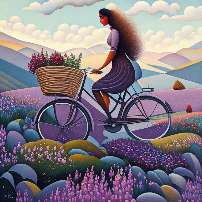 Illustration of woman cycling in colorful landscape at sunset