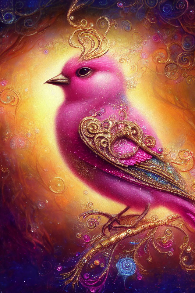Colorful mystical bird with golden details on vibrant background