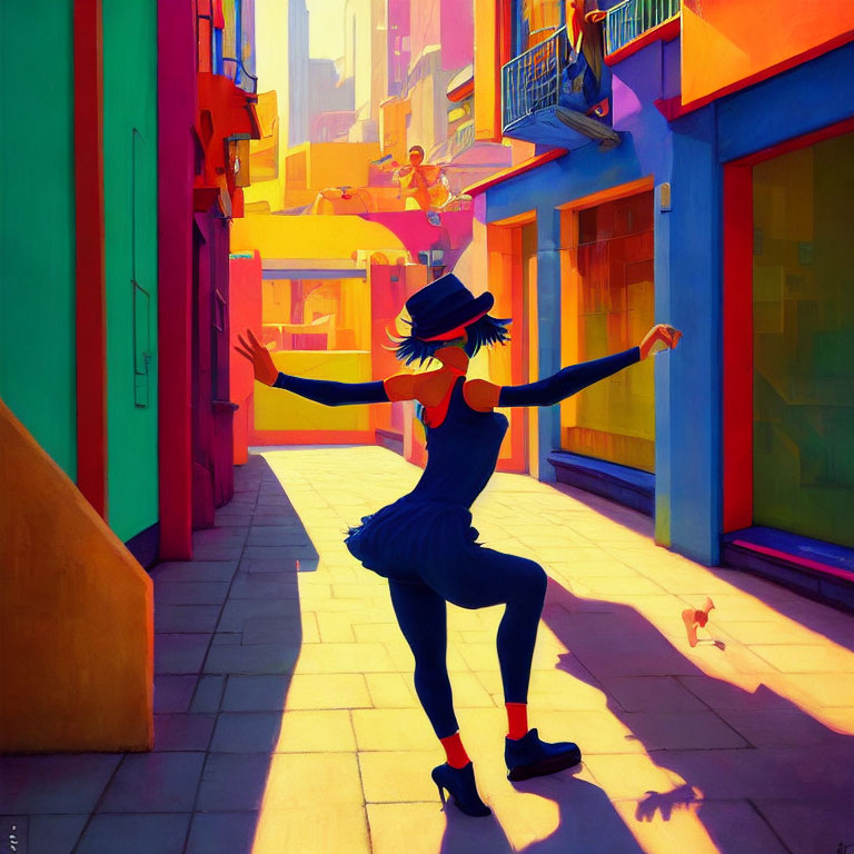 Colorful Street Scene: Person Dancing in Vibrant Illustration