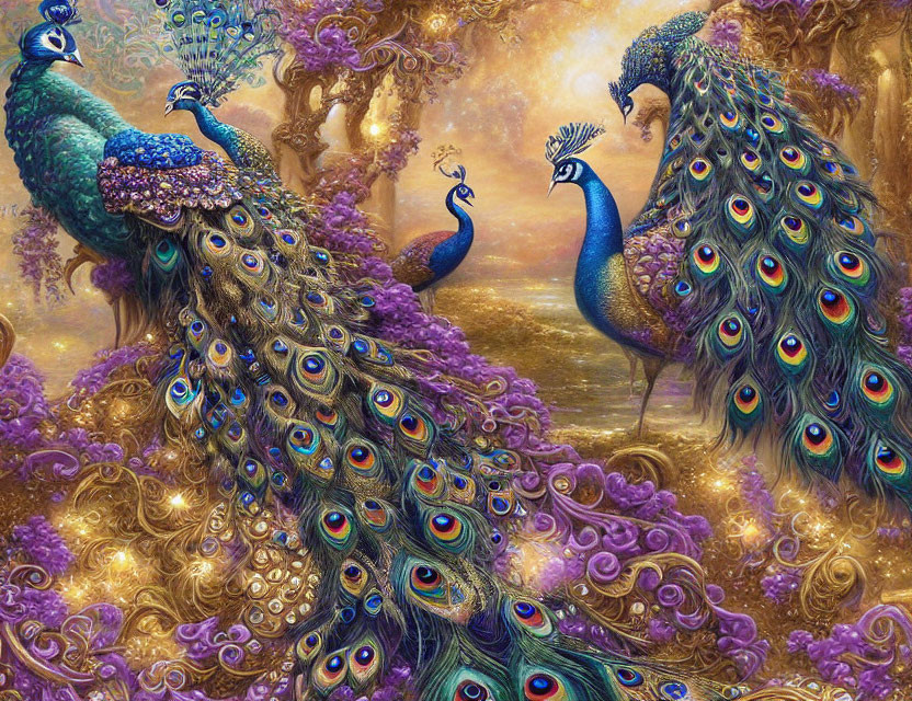 Colorful Peacocks with Elaborate Tails in Dreamlike Landscape
