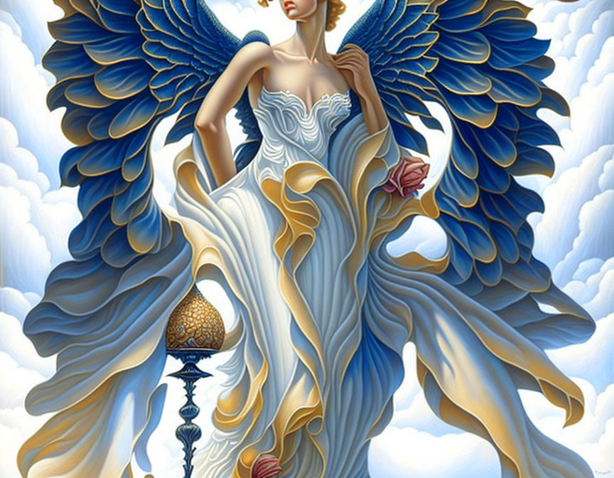 Illustration of angel with large blue wings and white gown holding scepter and red rose