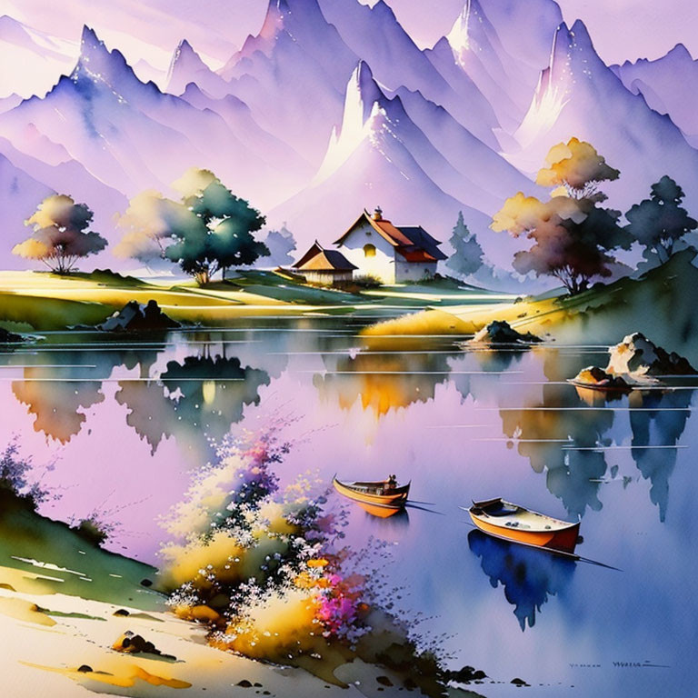Serene watercolor landscape with lake, boats, house, flora, mountains