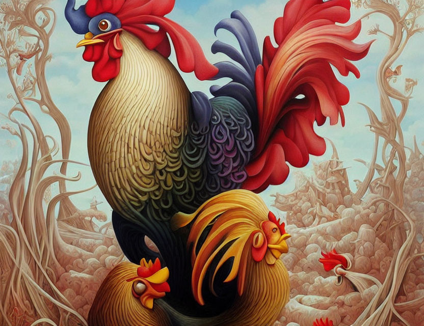 Colorful Rooster on Bone Pile in Surreal Landscape