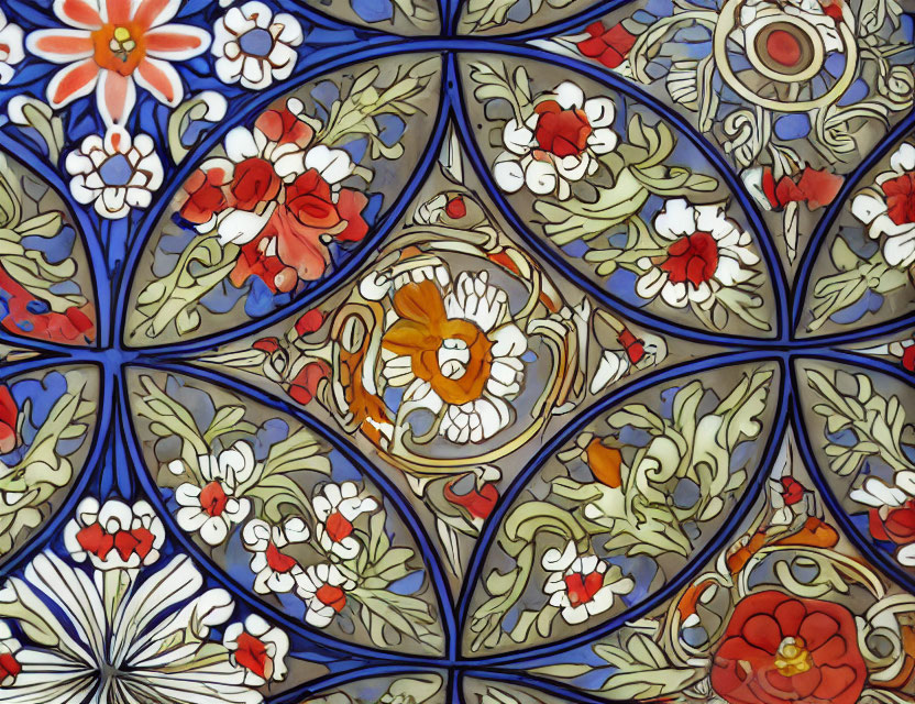 Colorful Floral Stained Glass Design on Blue Background