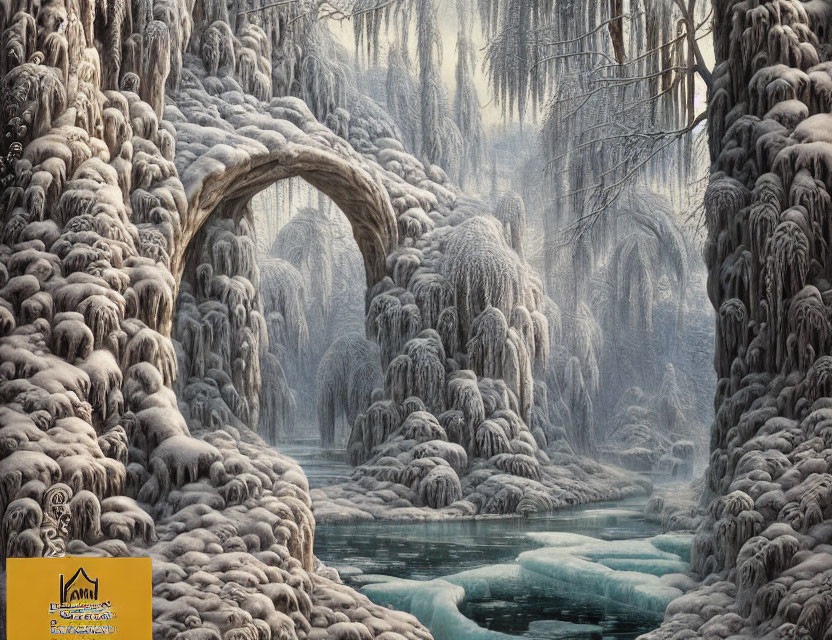 Snowy Trees, Icy River, Stone Bridge in Mystical Winter Landscape