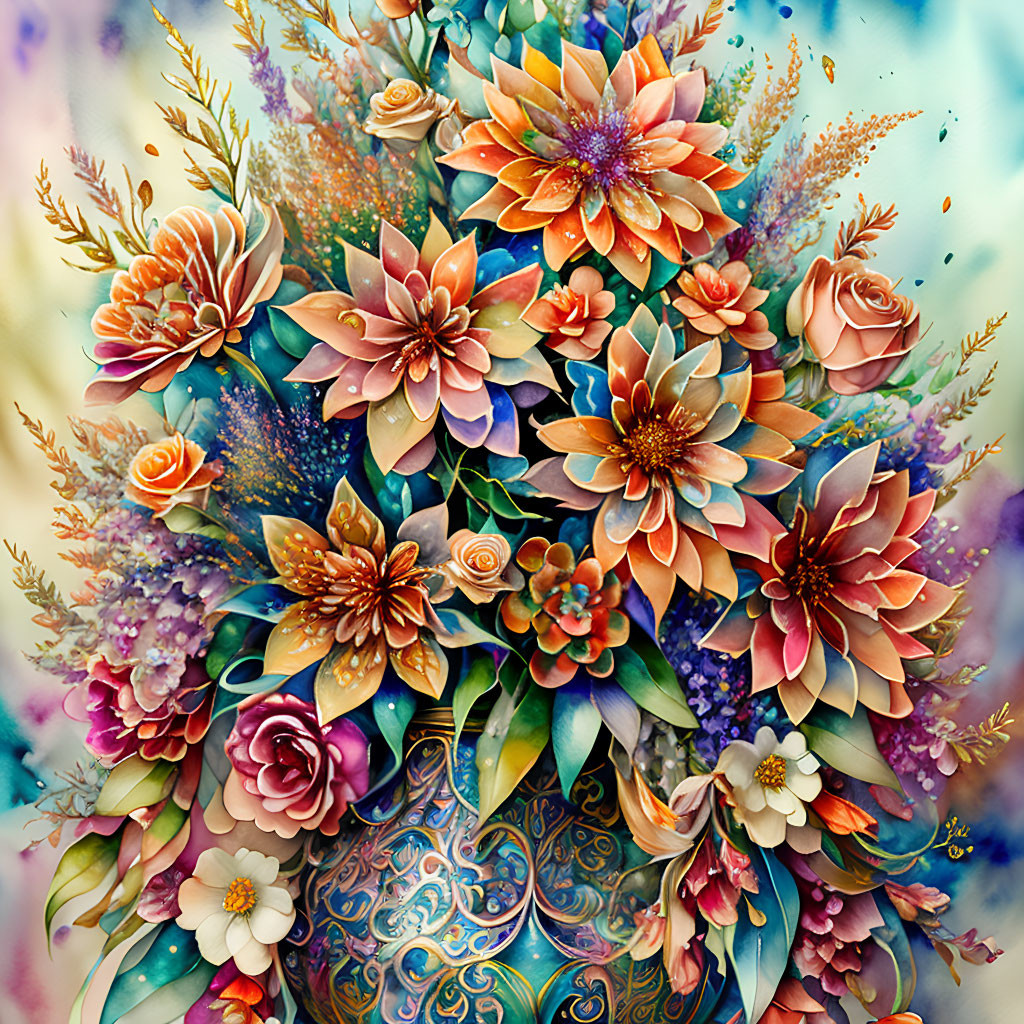 Colorful Stylized Flower Bouquet on Pastel Background