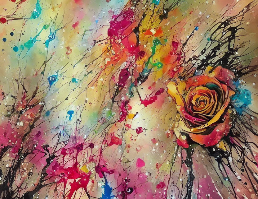 Vivid Watercolor Painting of Golden Rose in Vibrant Colors