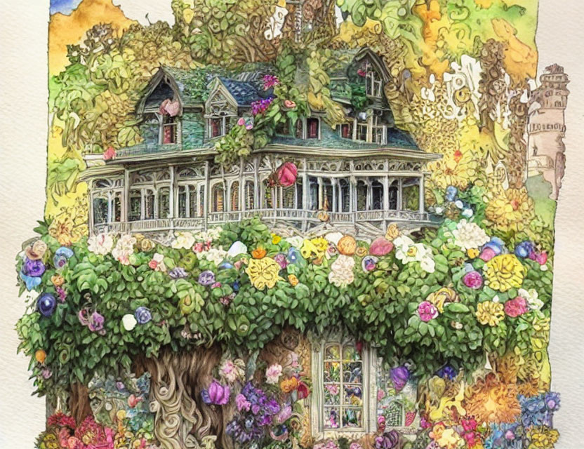 Detailed illustration of whimsical vine-covered house in lush greenery