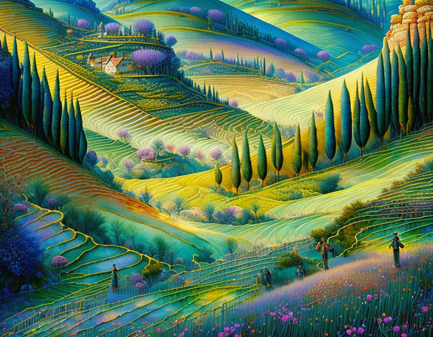 Colorful landscape with rolling hills, fields, person, cottage, and trees.
