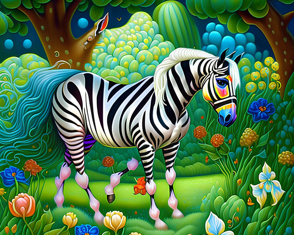 Vibrant zebra painting with exaggerated flora under starry sky