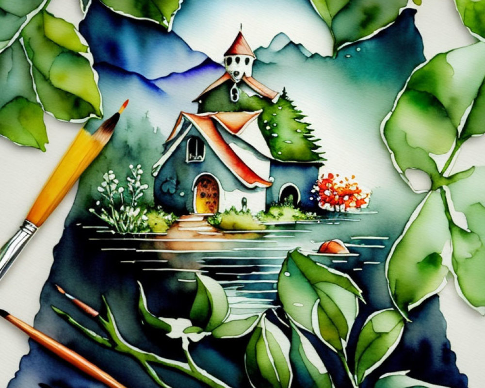 Scenic watercolor painting of house by lake with mountains