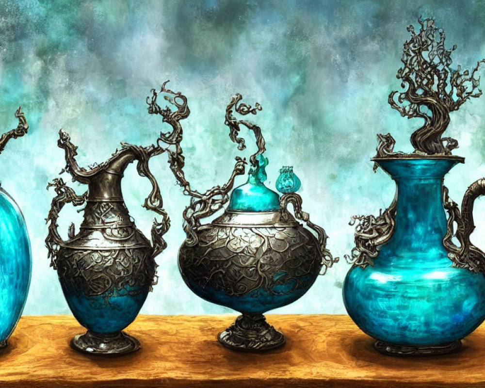 Intricately Designed Turquoise and Silver Vases on Azure Background