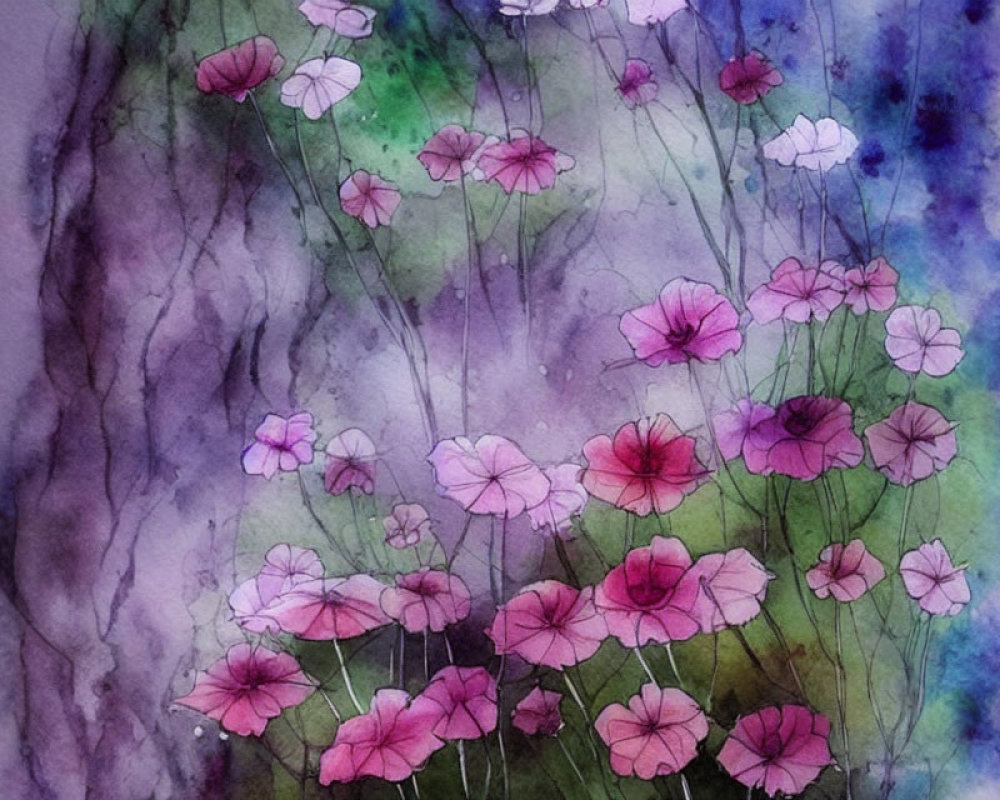 Purple and Pink Flower Watercolor Painting with Delicate Stems