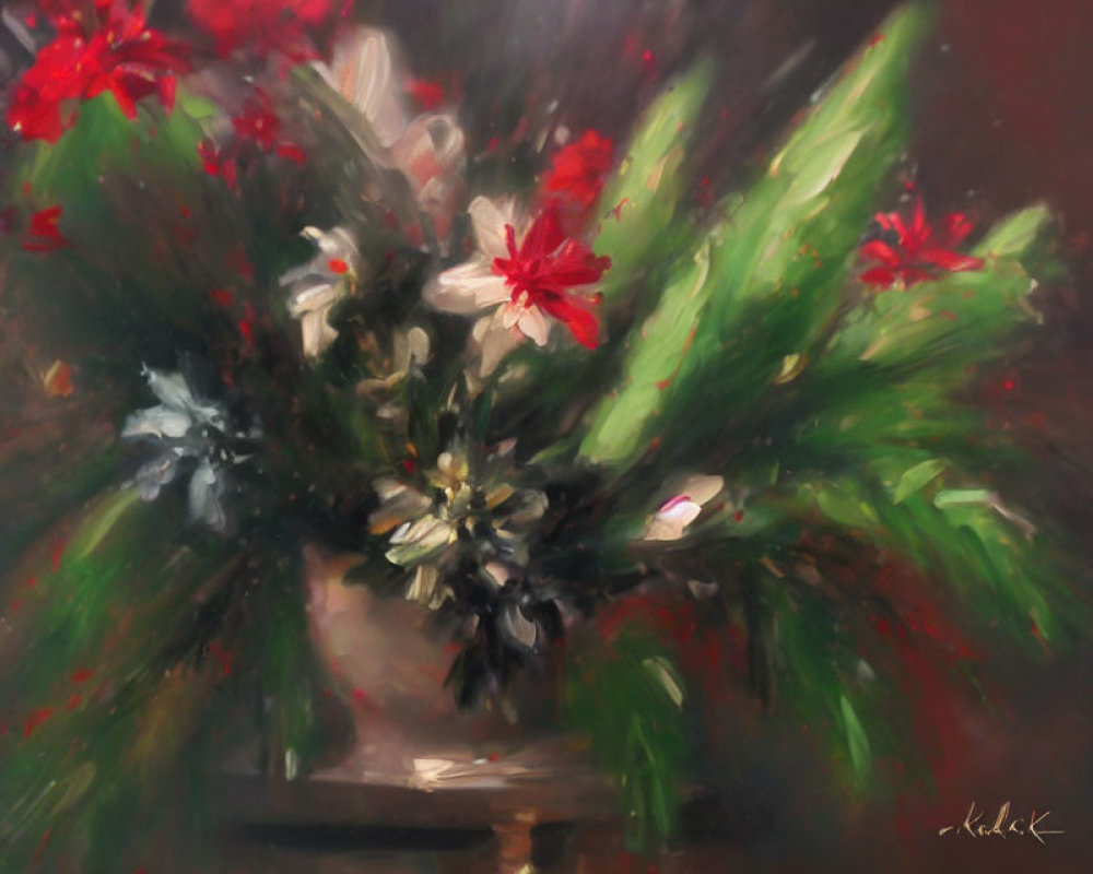 Impressionistic painting of red flower bouquet on dark background