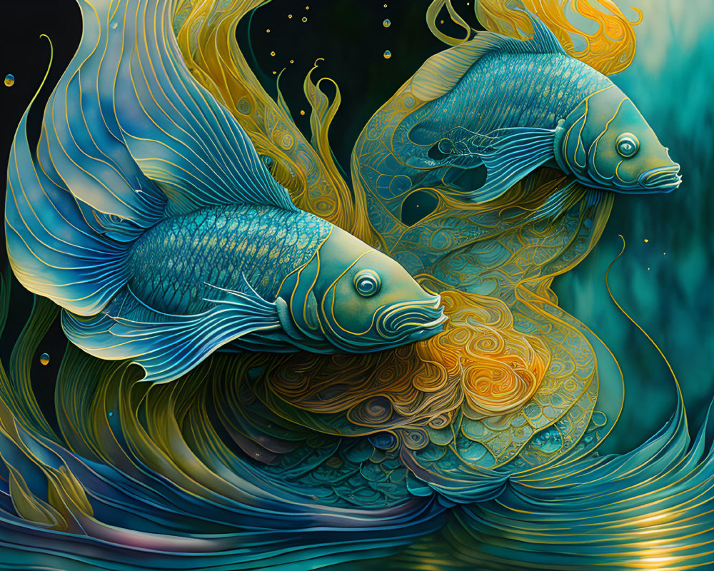 Colorful digital art of two fish in ornate fins and tails amidst golden and teal patterns