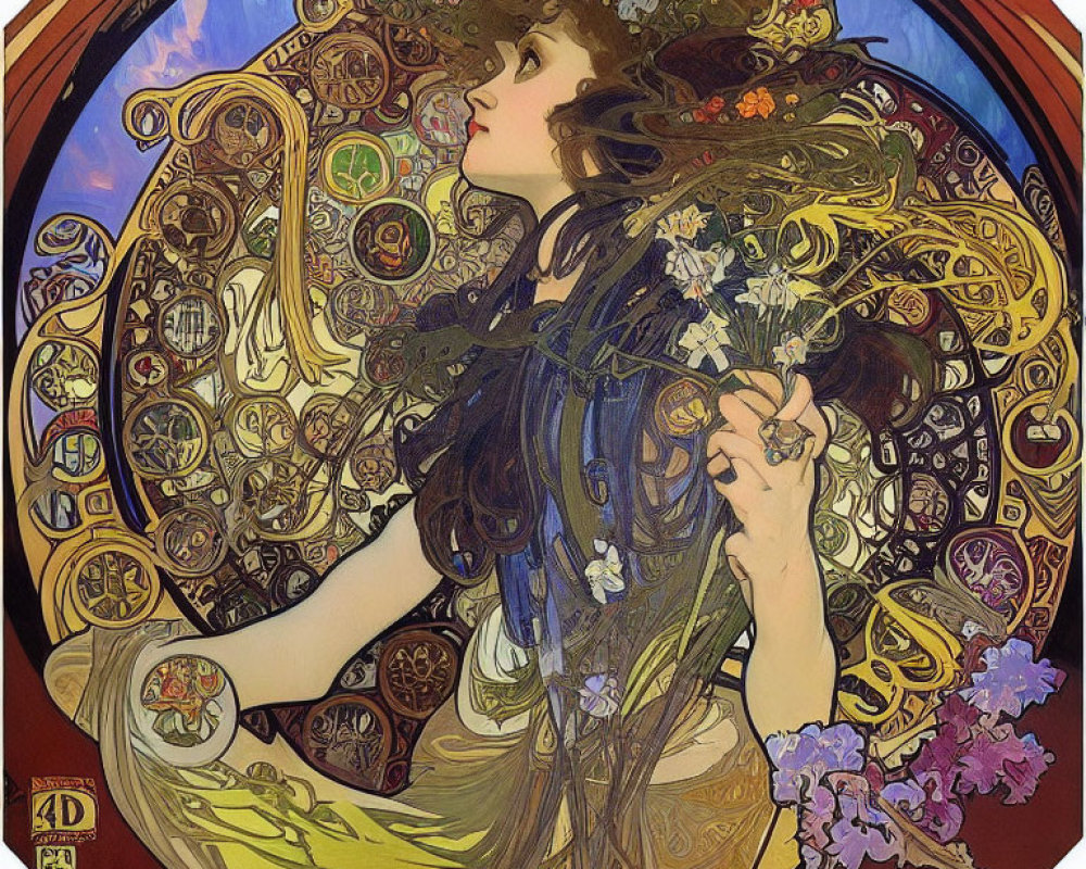 Art Nouveau style illustration of woman with floral hair and bouquet