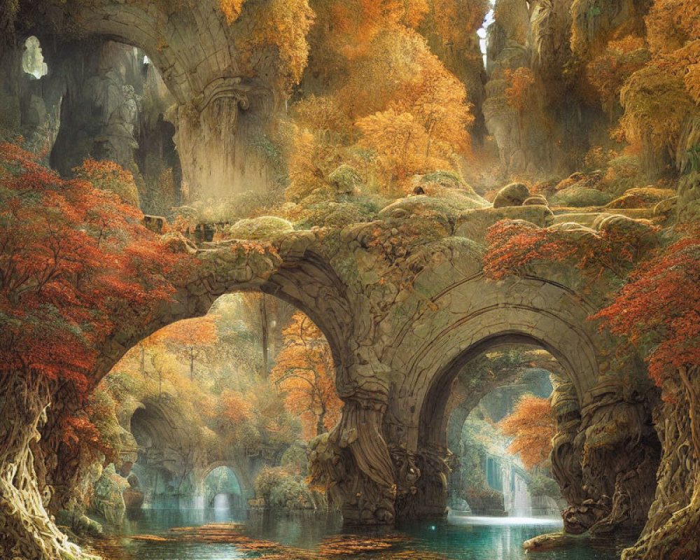 Scenic autumn forest with ancient stone bridge over serene river