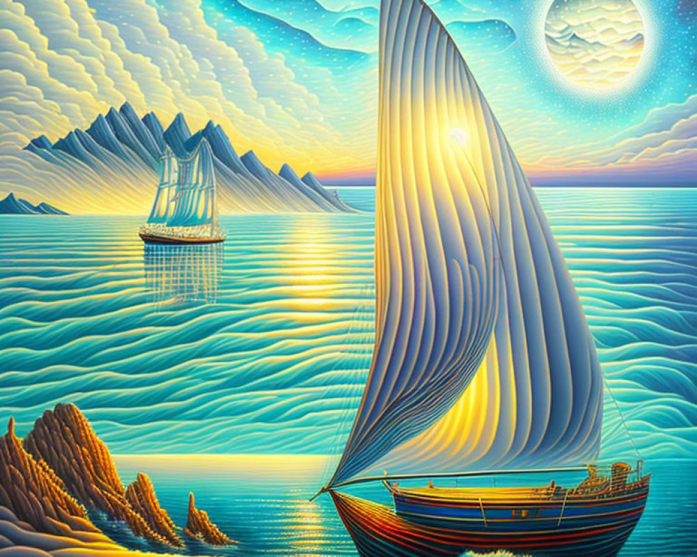 Sailboat painting: billowing sail on serene sea with moonlit mountains