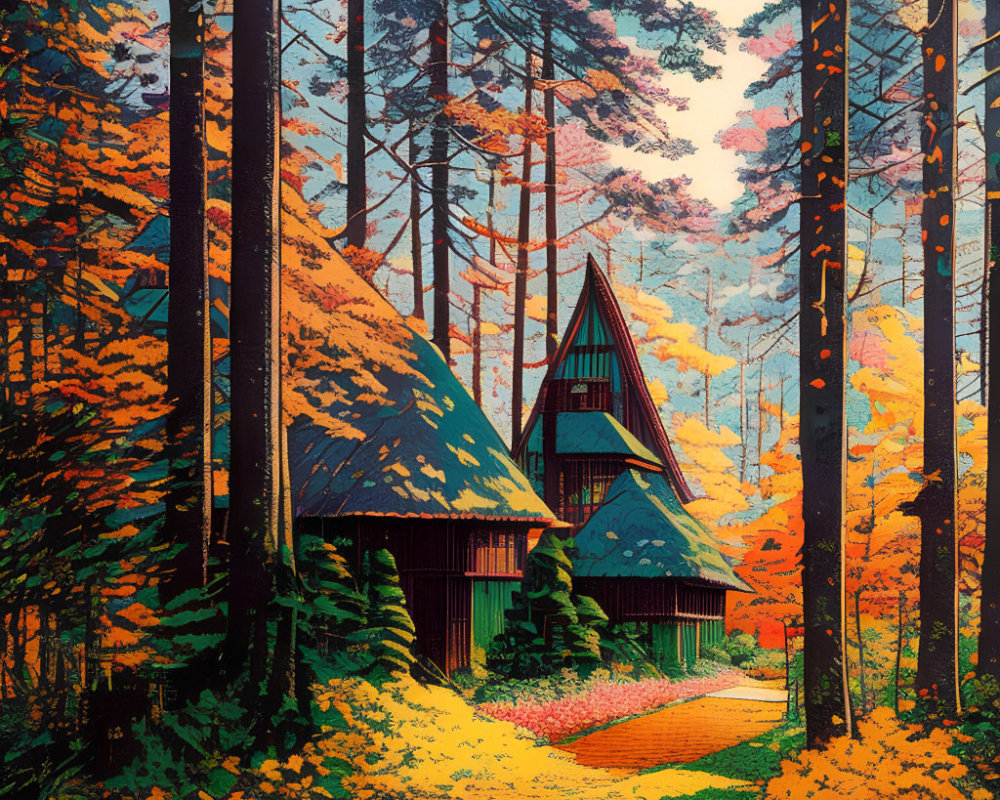 Colorful Autumn Forest Cabin Illustration in Vibrant Style