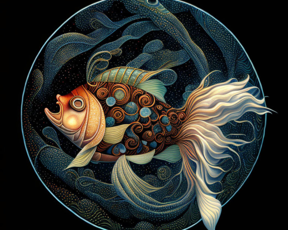 Ornate goldfish illustration with flowing fins and intricate patterns on dark background