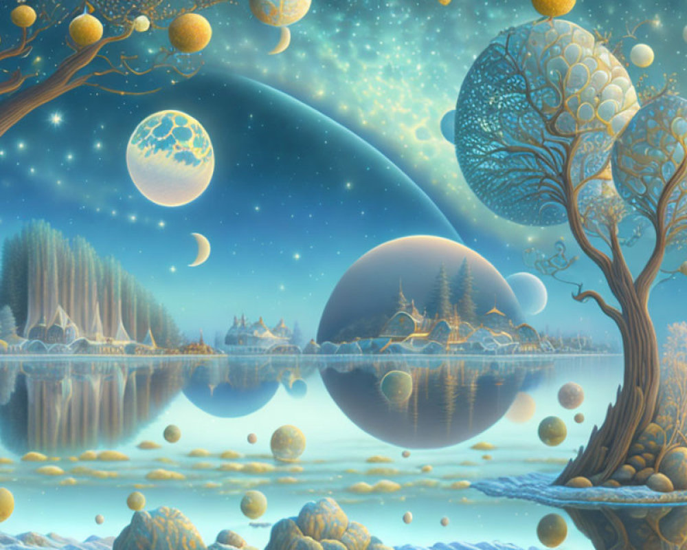 Fantastical landscape with ornate trees, reflective water, celestial bodies, and distant village in dream